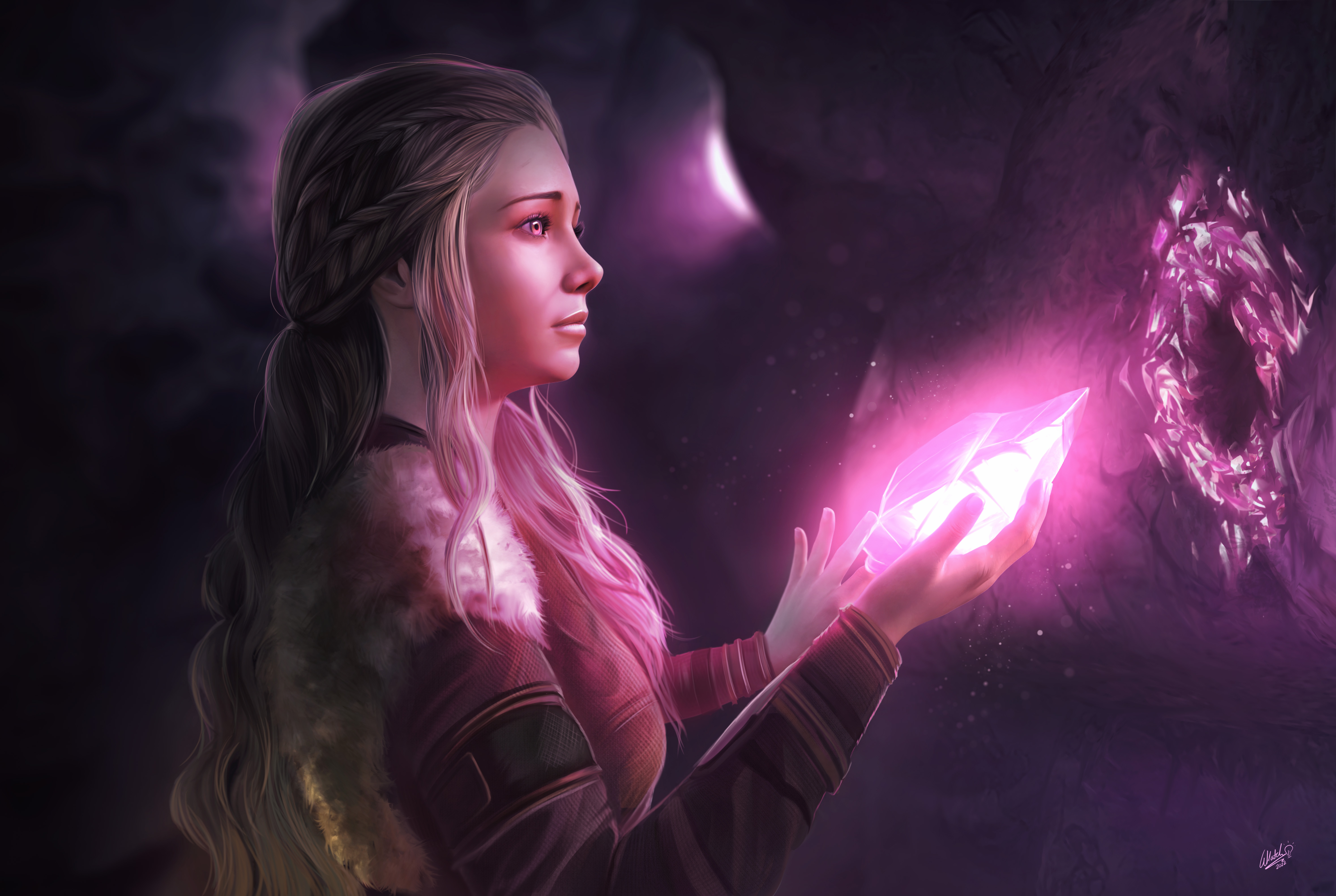Cliodhna, a blonde girl, is in a dark cave, holding a glowing pink crystal in her palm. There is a hole in the cave wall where she pulled it from. Other crystals glow in the walls behind her.
