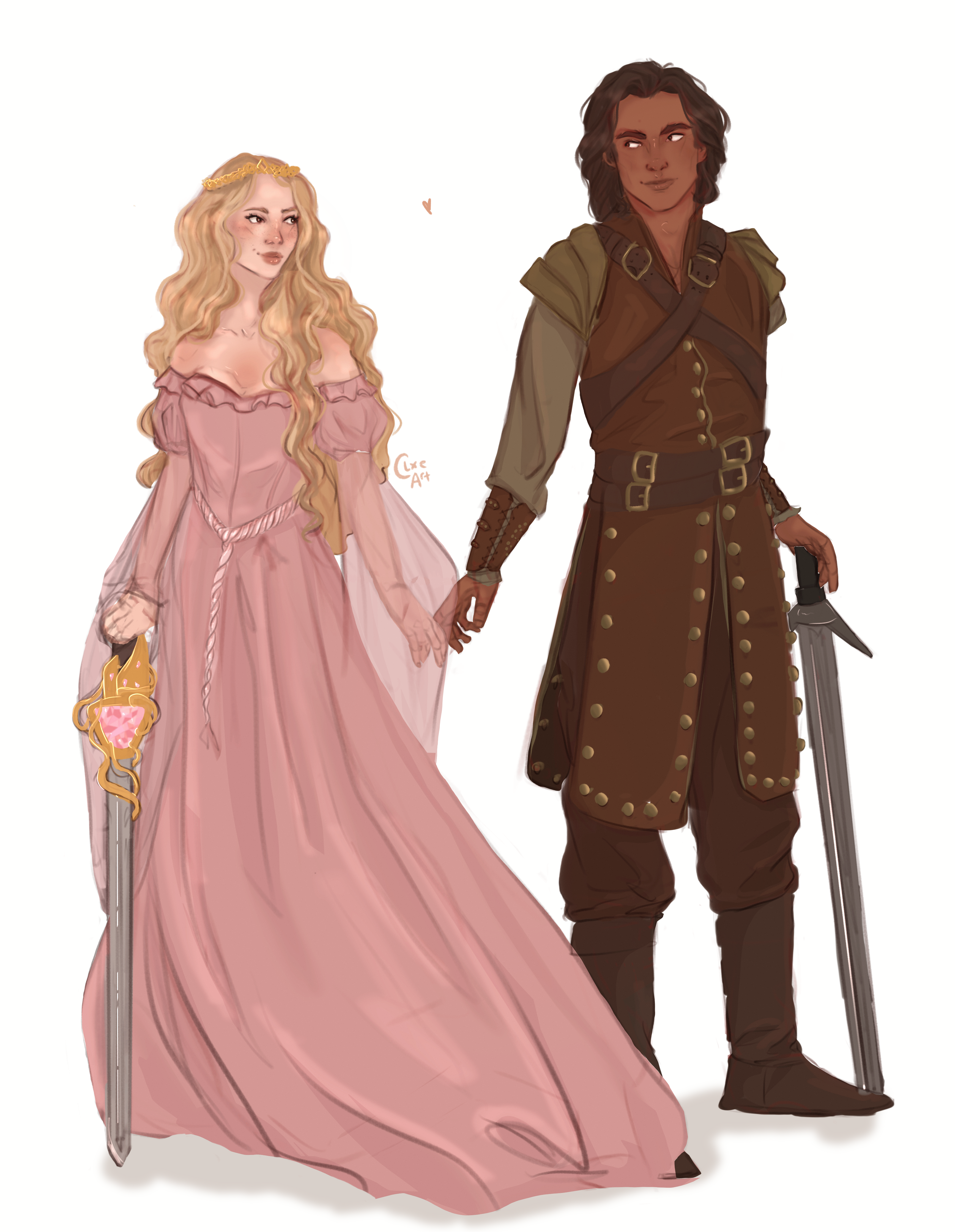 Illustration of the two main characters of Medievally Blonde. Ronan, a man in brown leather armor, and Cliodhna, a medieval princess in a pink flowing dress. They're holding hands, and there's a small illustrated pink heart between them. They both hold swords, Ronan's is a simple longsword. Clíodhna's has a huge pink jewel in the center of the hilt, with gold vines wrapping around it.