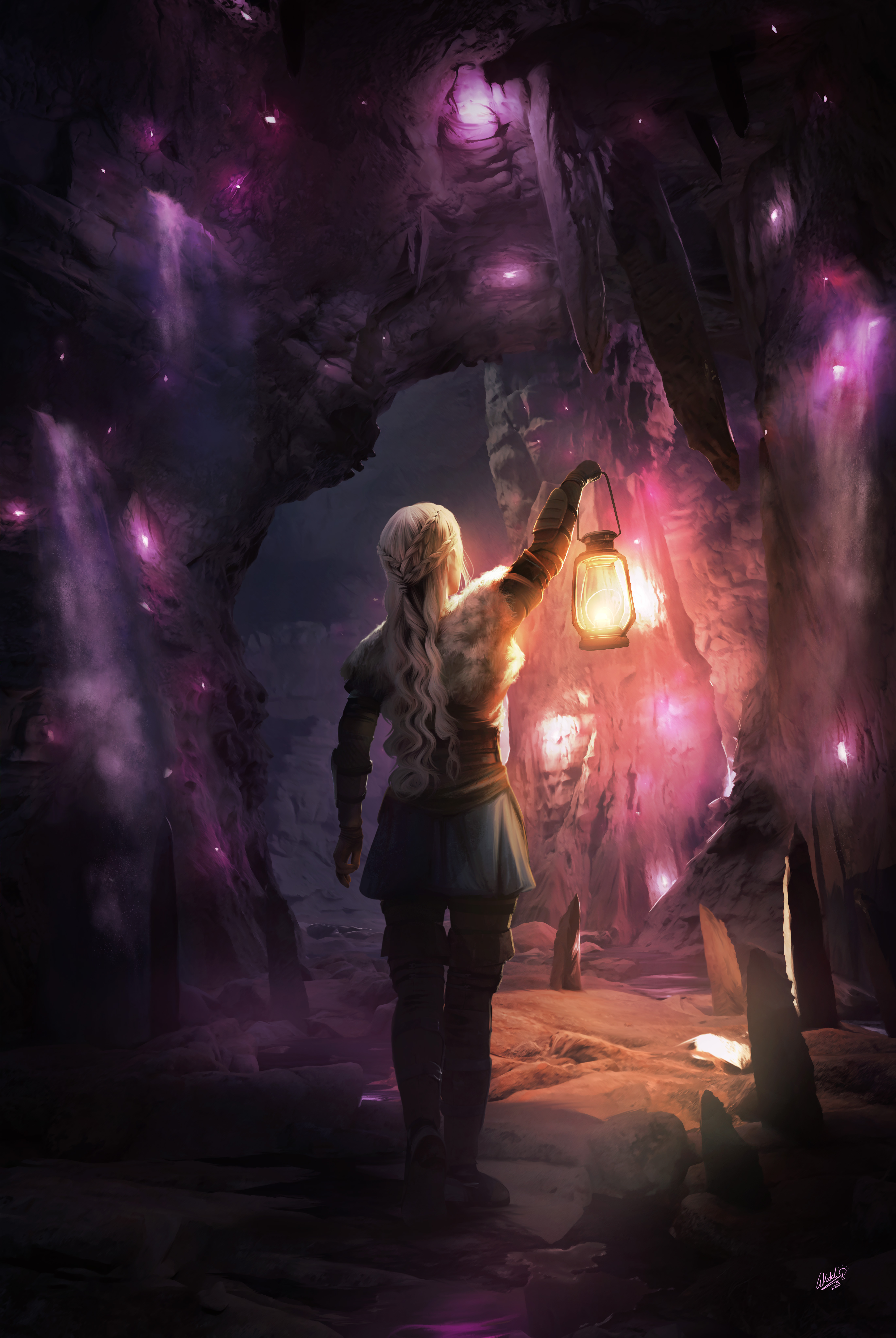 Clíodhna, a blonde girl, is in a dark cave, holding a glowing pink crystal in her palm. There is a hole in the cave wall where she pulled it from. Other crystals glow in the walls behind her.